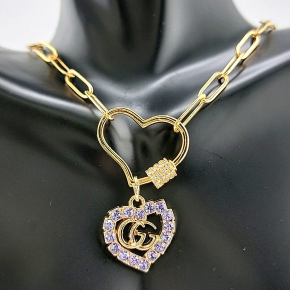 GG Heart Zipper Pull Charm Gold Purple Rhinestone - Picture 1 of 6